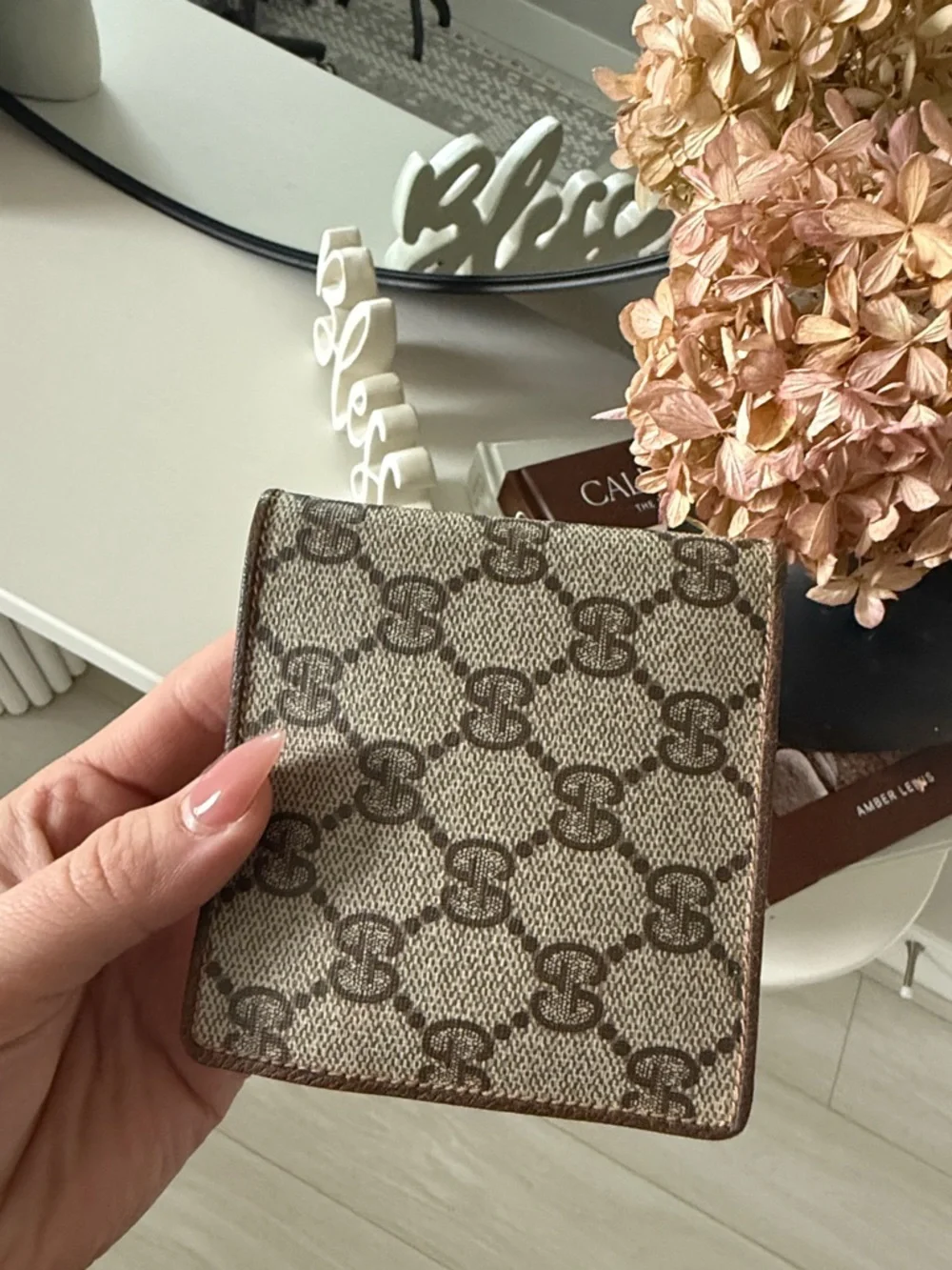 Gucci Beige & Brown Monogram Card Holder with Gold Accent wallet